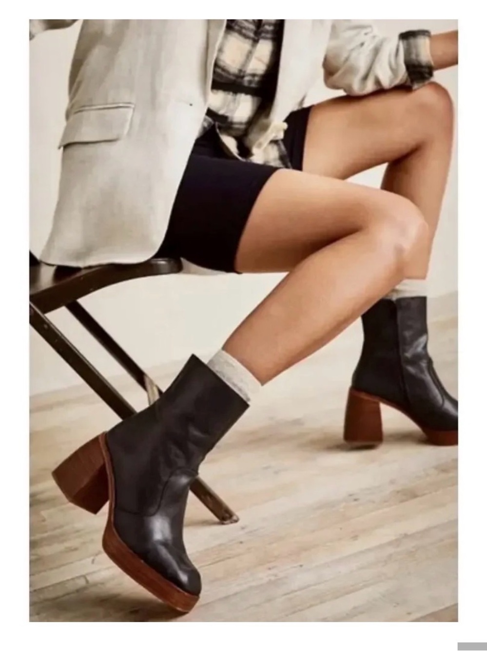 Free people Ruby Platform Boots Black Leather Block Heel Boots size 8.5 / 39